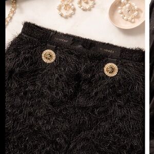 Pinko Black Fringe Mini Skirt with Gold Tone Buttons